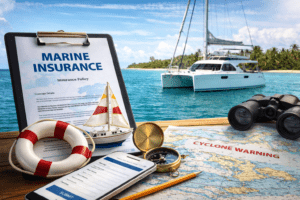 a picture with yacht insurance policy in the foreground and a sailing catamaran in the background in blue water with a small island