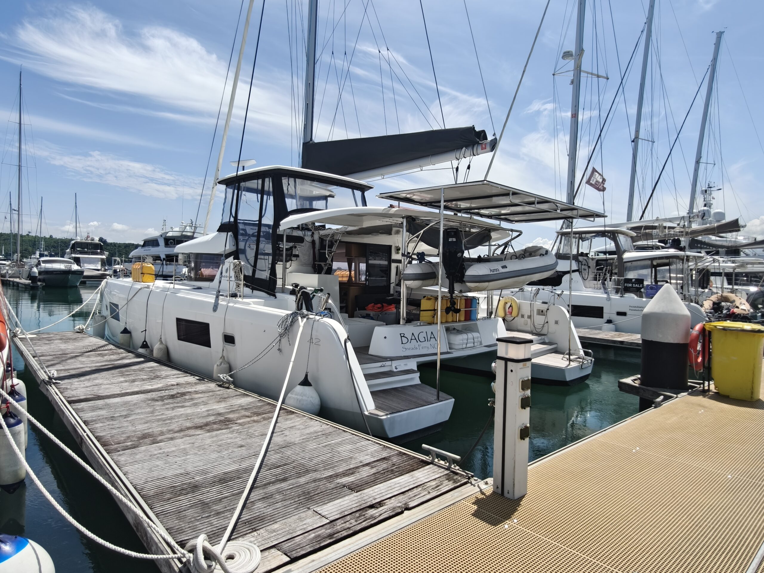 Lagoon 420 catamaran moored at a marina after delivery.